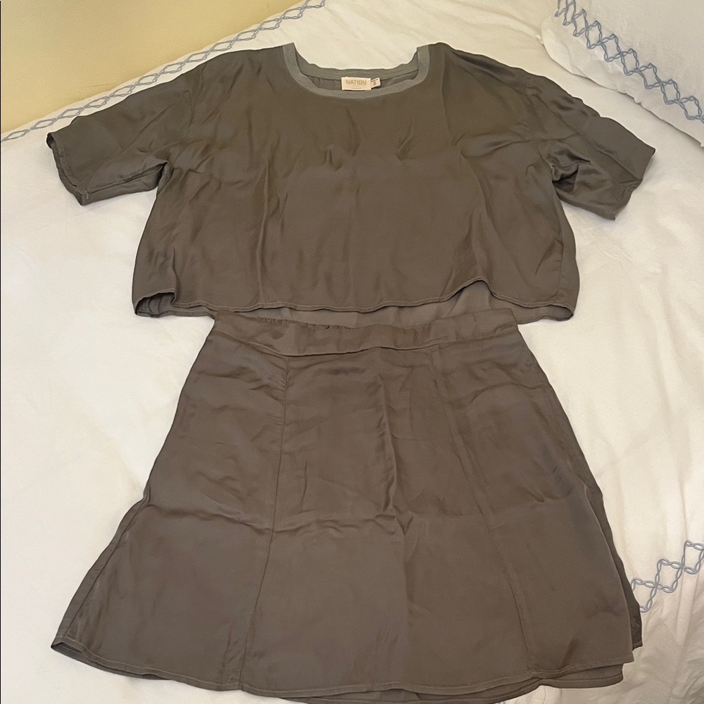 Nation LTD Army Green Silky Tshirt + Matching Skirt Set Size Small